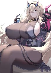 Rule 34 | 1girl, absurdres, akitokage, armor, asymmetrical armor, asymmetrical arms, bare shoulders, black dress, blonde hair, blue eyes, breasts, brown pantyhose, chain, curvy, dress, barghest (fate), barghest (second ascension) (fate), fate/grand order, fate (series), gauntlets, heterochromia, highres, horns, huge breasts, long hair, looking at viewer, pantyhose, pauldrons, red eyes, shoulder armor, sideboob, single gauntlet, single pauldron, sitting, solo, thick thighs, thighs, wide hips