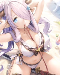 Rule 34 | 10s, 1girl, arms up, between breasts, bikini, blue eyes, breasts, bright pupils, cleavage, draph, from above, granblue fantasy, hair over one eye, highres, horns, katana, large breasts, light purple hair, long hair, looking at viewer, looking up, mouth hold, narmaya (granblue fantasy), narmaya (summer) (granblue fantasy), navel, outdoors, pointy ears, ribbon, ribbon in mouth, sayika, sidelocks, sitting, solo, swimsuit, sword, very long hair, weapon, white bikini