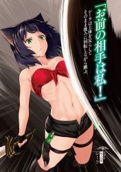 Rule 34 | 1girl, animal ears, bandeau, black footwear, black hair, black shorts, boots, bra, breasts, cat ears, character name, cleavage, collarbone, copyright name, front-tie bra, green eyes, groin, holding, holding sword, holding weapon, knee boots, knife, kyoukai meikyuu to ikai no majutsushi, leaning back, nabeshima tetsuhiro, navel, novel illustration, official art, open fly, red bra, saber (weapon), sheath, sheathed, short hair, short shorts, shorts, small breasts, solo, strapless, strapless bra, sword, thigh strap, underwear, weapon