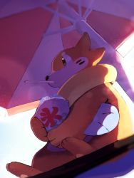 Rule 34 | black eyes, blurry, blush, buizel, commentary request, creatures (company), food, from below, game freak, gen 4 pokemon, highres, mouth hold, nen (vprr3238), nintendo, no humans, pokemon, pokemon (creature), pot, shaved ice, sitting, solo, umbrella