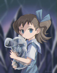 Rule 34 | 1girl, aqua eyes, arigato omuraisu, blurry, blurry background, brown hair, child, closed mouth, commentary request, creatures (company), dress, eyelashes, from side, game freak, gen 2 pokemon, hair ribbon, highres, holding, looking at viewer, looking to the side, molly hale, nintendo, pokemon, pokemon (anime), pokemon (classic anime), pokemon 3: the movie - spell of the unown: entei, ribbon, short sleeves, teddiursa, upper body, watermark