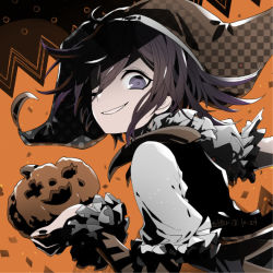 Rule 34 | 1boy, alternate costume, black hair, checkered clothes, checkered headwear, commentary request, danganronpa (series), danganronpa v3: killing harmony, dated, frills, from side, grin, halloween, halloween costume, hat, holding, jack-o&#039;-lantern, jester, jester cap, layered sleeves, long sleeves, looking at viewer, male focus, medium hair, one eye closed, orange background, oma kokichi, pumpkin, short over long sleeves, short sleeves, signature, smile, solo, u u ki u u, upper body, witch hat