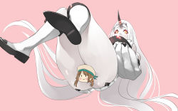 Rule 34 | 10s, 1girl, absurdly long hair, abyssal ship, ass, censored, character censor, colored skin, error musume, fairy (kancolle), from below, girl holding a cat (kancolle), highres, horns, kantai collection, knees together feet apart, legs, long hair, long sleeves, looking at viewer, looking down, meranie, novelty censor, pink background, seaport princess, simple background, single horn, sitting, solo, very long hair, white hair, white skin, yellow eyes
