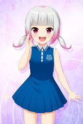 Rule 34 | 1girl, absurdres, alternative girls, bare arms, beruru (alternative girls), blue dress, child, dress, emblem, highres, looking at viewer, multicolored hair, official art, open mouth, pink eyes, pink hair, purple background, silver hair, sleeveless, solo, standing