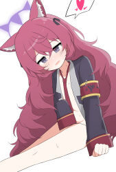 Rule 34 | 1girl, absurdres, animal ears, armband, black jacket, blue archive, cat ears, covering crotch, covering privates, hagoonha, halo, highres, iroha (blue archive), jacket, long hair, necktie, purple eyes, red armband, red hair, red necktie, solo, thighs