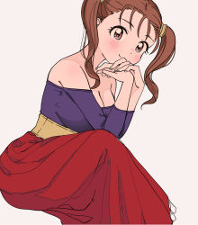 Rule 34 | 1girl, bare shoulders, blush, breasts, brown eyes, brown hair, cleavage, closed mouth, commentary request, corset, dragon quest, dragon quest viii, hands up, highres, jessica albert, large breasts, long hair, long skirt, long sleeves, miyama (kannsannn), off-shoulder shirt, off shoulder, purple shirt, red skirt, shirt, sitting, skirt, smile, solo, twintails