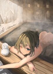 Rule 34 | 1girl, ;), arm rest, ass, bath, blush, commentary request, completely nude, highres, idolmaster, idolmaster cinderella girls, kneeling, looking at viewer, mole, mole under eye, nude, nyome991, ofuro, one eye closed, smile, snow, snowman, solo, steam, takagaki kaede