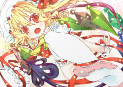 Rule 34 | 1girl, :o, bad id, bad pixiv id, blonde hair, bottomless, colored eyelashes, eyelashes, fang, feet, female focus, flandre scarlet, hat, jpeg artifacts, laevatein, no panties, ponytail, red eyes, short hair, side ponytail, solo, embodiment of scarlet devil, thighhighs, tm (gf-tm), touhou, wings, wrist cuffs