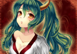 Rule 34 | 1girl, blush, breasts, cleavage, green hair, hatsune miku, horns, long hair, off shoulder, ruchiru, single horn, solo, twintails, vocaloid, yellow eyes