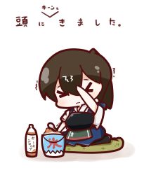 Rule 34 | &gt; &lt;, 10s, 1girl, bottle, brain freeze, brown hair, bucket, chibi, closed eyes, cushion, food, hand on own head, highres, holding, kaga (kancolle), kantai collection, muneate, nuu (nu-nyu), shaved ice, side ponytail, simple background, sitting, solo, spoon, text focus, translation request, trembling, wavy mouth, white background