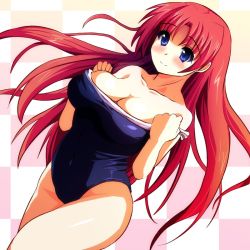Rule 34 | 1girl, bad id, bad pixiv id, blue eyes, breasts, checkered background, cleavage, clothes pull, dutch angle, higa, long hair, one-piece swimsuit, one-piece swimsuit pull, original, red hair, solo, swimsuit