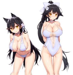 Rule 34 | 2girls, :&gt;, absurdres, animal ears, arm behind back, asamura hiori, atago (azur lane), atago (summer march) (azur lane), atago (summer march) (azur lane), azur lane, bikini, black hair, blush, bow, breasts, brown eyes, choker, cleavage, closed mouth, collar, collarbone, cowboy shot, criss-cross halter, crossed arms, extra ears, flower, fox ears, frown, gluteal fold, hair between eyes, hair bow, hair flaps, hair flower, hair ornament, half updo, halterneck, highres, huge breasts, large breasts, leaning forward, legs apart, long hair, looking at viewer, multiple girls, navel, one-piece swimsuit, ponytail, see-through, sidelocks, simple background, smile, standing, swimsuit, takao (azur lane), takao (beach rhapsody) (azur lane), thigh gap, thighs, tsurime, very long hair, white background, white bikini, white bow, white flower, white one-piece swimsuit, yellow eyes
