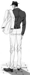 Rule 34 | 1boy, absurdres, artist request, back, borsalino (kizaru), expressionless, formal, full body, greyscale, hat, highres, holding, holding clothes, holding jacket, jacket, jacket on shoulders, unworn jacket, military, monochrome, muscular, one piece, pinstripe pattern, pinstripe suit, shoes, short hair, simple background, standing, striped, suit, sunglasses, very short hair, white background
