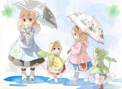 Rule 34 | 4girls, alice margatroid, animal print, black dress, blonde hair, blue dress, blue eyes, boots, braid, child, clover, dress, four-leaf clover, hair ribbon, hat, hat with ears, highres, hourai doll, if they mated, kirisame marisa, leaf umbrella, long sleeves, md5 mismatch, multiple girls, open mouth, parasol, puddle, rabbit print, rain, raincoat, red dress, resolution mismatch, ribbon, rubber boots, shanghai, shanghai doll, shunsuke, single braid, smile, source larger, touhou, umbrella, wide sleeves, yellow eyes