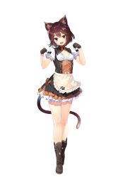 Rule 34 | 1girl, absurdres, animal ear fluff, animal ears, apron, black gloves, boots, breasts, brown hair, cat ears, cat girl, cat tail, cleavage, daisy (isekai sakaba no sextet), fang, full body, gloves, highres, isekai sakaba no sextet, layered skirt, looking at viewer, official art, paw pose, paw print, red eyes, short hair, short sleeves, simple background, skirt, small breasts, solo, standing, tail, underbust, w arms, waist apron, white background