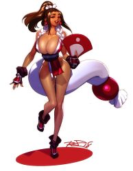 Rule 34 | 1girl, ankle boots, bad id, bad twitter id, bare shoulders, boots, breasts, brown eyes, brown hair, cleavage, fatal fury, fingerless gloves, folding fan, full body, gloves, hand fan, high ponytail, highres, huge breasts, japanese clothes, looking at viewer, narrow waist, ninja, no panties, obi, open mouth, pelvic curtain, ponytail, revealing clothes, robaato, sash, shiranui mai, smile, snk, solo, standing, the king of fighters