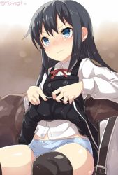 Rule 34 | 10s, 1girl, asashio (kancolle), black hair, black thighhighs, blue eyes, blue panties, blush, bow, bow panties, buttons, clothes lift, dress, dress lift, kantai collection, long hair, long sleeves, neck ribbon, one-hour drawing challenge, panties, pinafore dress, pleated dress, pleated skirt, red ribbon, ribbon, shirt, sitting, skirt, skirt lift, sleeveless, sleeveless dress, solo, thighhighs, torimaru, twitter username, underwear, wavy mouth, white shirt