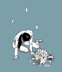 Rule 34 | 1girl, aqua theme, bishoujo senshi sailor moon, blue background, blue theme, bouquet, commentary request, flower, greyscale, highres, long hair, long sleeves, mito (mitonim), monochrome, prostration, pants, ponytail, sailor moon, simple background, solo, tears