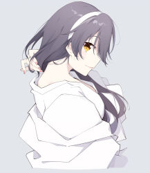 Rule 34 | 1girl, from side, grey background, hair over shoulder, hairband, hand in own hair, haruna (kancolle), ieufg, kantai collection, long hair, looking at viewer, simple background, smile, solo, tagme, upper body, white hairband, yellow eyes