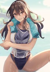 Rule 34 | 1girl, alternate costume, ashigara (kancolle), blurry, blurry background, breasts, brown eyes, brown hair, competition swimsuit, day, fang, hairband, highres, kantai collection, kasumi (skchkko), long hair, looking at viewer, medium breasts, one-piece swimsuit, open mouth, outdoors, purple one-piece swimsuit, shirt, sitting, smile, solo, sunlight, swimsuit, swimsuit under clothes, towel, wet, wet clothes, wet shirt, wet swimsuit, white one-piece swimsuit