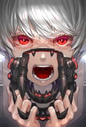 Rule 34 | 1girl, face, fangs, glowing, glowing eyes, kfr, mask, open mouth, original, red eyes, science fiction, slit pupils, solo, teeth, tongue, uvula, white hair