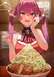 Rule 34 | 1girl, :d, absurdres, ascot, bowl, breasts, brooch, chopsticks, cleavage, clothes hanger, commentary request, drooling, food, hand up, happy, heterochromia, highres, holding, holding chopsticks, hololive, houshou marine, houshou marine (1st costume), indoors, jewelry, jirou (ramen), large breasts, long hair, looking at food, meat, noodles, open mouth, oruru63100814, pov across table, ramen, red ascot, red eyes, red hair, restaurant, saliva, see-through, see-through cleavage, smile, solo, steam, table, twintails, virtual youtuber, yellow eyes