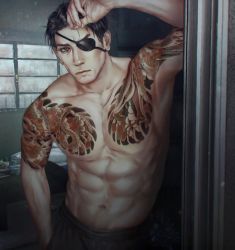 Rule 34 | 1boy, abs, bara, black hair, black pants, chest tattoo, closed mouth, eyepatch, hand in pocket, large pectorals, looking at viewer, majima goro, male focus, mogumogu (563chan), muscular, muscular male, navel, one eye covered, pants, pectorals, ryuu ga gotoku (series), short hair, solo, tattoo, topless male