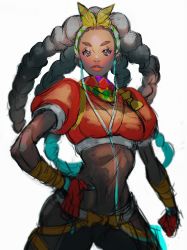 Rule 34 | 1girl, absurdres, aqua hair, arm wrap, black hair, bow hairband, brown eyes, cable, capcom, clenched hand, colored tips, cropped jacket, dark-skinned female, dark skin, earbuds, earphones, forehead, gloves, hairband, hand on own hip, highres, hip vent, jacket, kimberly jackson, long hair, lowleg, lowleg pants, midriff, multicolored hair, pants, quad braids, red gloves, red jacket, red lips, solo, standing, street fighter, street fighter 6, thick eyebrows, toned, very dark skin, yohane shimizu