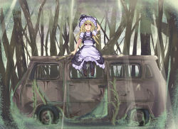 Rule 34 | 1girl, blonde hair, bow, braid, broom, daito, female focus, flat tire, forest, hair bow, hat, kirisame marisa, long hair, mold, motor vehicle, nature, open mouth, red eyes, solo, touhou, van, vehicle, witch, witch hat