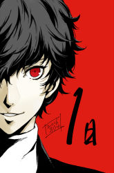 Rule 34 | 1boy, amamiya ren, black hair, dated, grin, hair between eyes, limited palette, looking at viewer, male focus, official style, parted lips, persona, persona 5, red background, red eyes, short hair, simple background, smile, solo, sweater, turtleneck, turtleneck sweater, werkbau, white sweater