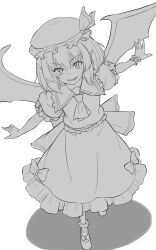Rule 34 | 1girl, ascot, bat wings, bow, commentary, frilled skirt, frills, full body, greyscale, hat, hat ribbon, highres, kakone, looking at viewer, mob cap, monochrome, one-hour drawing challenge, open mouth, pointy ears, remilia scarlet, ribbon, shirt, short hair, short sleeves, simple background, skirt, slit pupils, smile, socks, solo, touhou, wings, wrist cuffs
