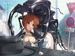 Rule 34 | 1girl, after rape, aftersex, bar censor, beetle, bent over, bestiality, breasts, brown eyes, brown hair, bug, censored, cum, cum in pussy, cum on ass, empty eyes, foley anden, girls und panzer, hetero, highres, imminent penetration, imminent rape, insect, interspecies, long sleeves, medium breasts, military, military vehicle, motor vehicle, nipples, nishizumi miho, ooarai military uniform, open clothes, open mouth, open shirt, outdoors, penis, road sign, sign, skirt, stag beetle, tank, torn clothes, white skirt