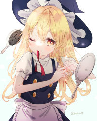 Rule 34 | 1girl, apron, blonde hair, bow, braid, buttons, hair bow, hair tie, hair tie in mouth, hat, highres, kirisame marisa, komachi (gao 13), long hair, mirror, mouth hold, puffy sleeves, red ribbon, ribbon, short sleeves, single braid, solo, touhou, tying hair, waist apron, witch hat, yellow eyes