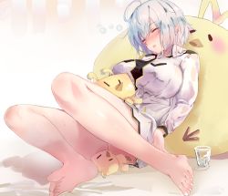 Rule 34 | 1girl, barefoot, blush, breasts, cup, drunk, closed eyes, feet, glass, koffee (pso2), large breasts, parted lips, phantasy star online 2, silver hair, soles, stuffed animal, toes
