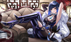 Rule 34 | 1girl, arm behind head, armpits, arms up, blue dress, blue footwear, blue hair, blunt bangs, breasts, choker, cleavage, closed mouth, couch, crossed legs, detached sleeves, dice, dress, eternity (shadeh), full body, fur-trimmed jacket, fur trim, genshin impact, green eyes, high heels, highres, indoors, jacket, jacket on shoulders, large breasts, long sleeves, looking at viewer, mole, mole on breast, multicolored hair, neck tassel, on couch, pantyhose, purple pantyhose, single detached sleeve, smile, solo, two-tone hair, vision (genshin impact), white choker, white jacket, yelan (genshin impact)