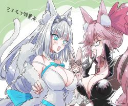 Rule 34 | 3girls, animal ear fluff, animal ears, artist name, black bodysuit, blue bow, blue eyes, blue ribbon, blush, bodysuit, bow, breasts, cat ears, cat girl, cat tail, cleavage, dobrynya nikitich (fate), dress, fang, fate/grand order, fate (series), fox ears, fox girl, fox shadow puppet, fox tail, fur trim, glasses, habetrot (fate), hair bow, hair ribbon, koyanskaya (assassin) (first ascension) (fate), koyanskaya (fate), large breasts, looking at another, multiple girls, open mouth, pink bow, pink hair, pink ribbon, ribbon, silver hair, skin fang, sweat, tail, tamamo (fate), uhana, white dress