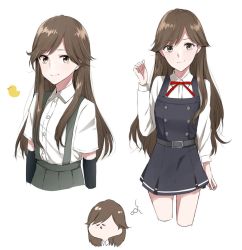 Rule 34 | 1girl, alternate costume, arashio (kancolle), arm warmers, bad id, bad twitter id, belt, bird, brown eyes, brown hair, buttons, cosplay, dress, duck, closed eyes, imagining, kantai collection, kasumi (kancolle) (cosplay), kasumi (kancolle), long hair, long sleeves, looking at viewer, morinaga miki, multiple persona, open mouth, pinafore dress, pleated skirt, remodel (kantai collection), school uniform, serafuku, shirt, short sleeves, simple background, skirt, sleeveless, sleeveless dress, smile, solo, suspenders, white background, white shirt