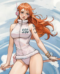 Rule 34 | 1girl, alternate costume, bare legs, boots, breasts, closed mouth, curvy, egghead island, floating hair, highres, holding, holding weapon, hooded leotard, leotard, log pose, long hair, medium breasts, nami (one piece), nami (one piece) (egghead), official alternate costume, one piece, orange hair, panicawa, polearm, revealing clothes, sleeveless turtleneck leotard, solo, standing, very long hair, weapon, white leotard, wide hips