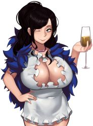 Rule 34 | 1girl, absurdres, bead necklace, beads, black hair, blue eyes, breasts, champagne flute, cleavage cutout, clothing cutout, collarbone, covered navel, cup, dress, drinking glass, feather boa, hair behind ear, hand on own hip, highres, holding, holding cup, huge breasts, jewelry, kevbot, long hair, necklace, nico robin, one eye closed, one piece, one piece film: gold, simple background, smile, solo, white background, white dress