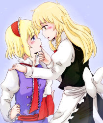 Rule 34 | 2girls, after kiss, alice margatroid, bad id, bad pixiv id, blonde hair, blue eyes, blush, eye contact, female focus, grabbing another&#039;s chin, hand on another&#039;s chin, hand on shoulder, hiroya masaharu, kirisame marisa, kiss, long hair, looking at another, multiple girls, no headwear, saliva, saliva trail, short hair, simple background, tears, touhou, yellow eyes, yuri