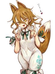 Rule 34 | 1girl, animal ears, bow, breasts, brown hair, fang, fangs, fox ears, fox tail, green bow, green ribbon, hair between eyes, hands up, heart, highres, kudamaki tsukasa, light brown hair, looking at viewer, making-of available, medium breasts, open mouth, piaki, puffy short sleeves, puffy sleeves, ribbon, romper, short hair, short sleeves, simple background, smile, solo, standing, tail, tongue, touhou, white background, white romper, yellow eyes