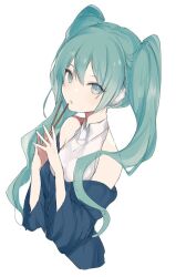 Rule 34 | 1girl, aqua eyes, aqua hair, bare shoulders, blue sweater, breasts, collared shirt, cropped torso, earmuffs, food, hatsune miku, holding, holding food, holding pocky, long hair, looking at viewer, lpip, off-shoulder sweater, off shoulder, parted lips, pocky, shirt, sleeveless, sleeveless shirt, small breasts, solo, steepled fingers, sweater, twintails, vocaloid, white background, white shirt