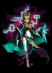 Rule 34 | 1girl, abstract background, anklet, barefoot, blue skin, breasts, cape, colored sclera, colored skin, delano-laramie, forehead jewel, green skin, highres, hood, jewelry, midna, midna (true), multicolored skin, navel, nintendo, orange hair, red eyes, solo, the legend of zelda, the legend of zelda: twilight princess, two-tone skin, yellow sclera