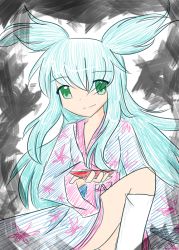 Rule 34 | 1girl, blue hair, female focus, green eyes, japanese clothes, kimono, sashiromiya sasha, sitting, socks, solo, touhou, yukata