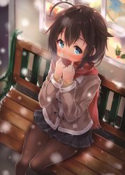 Rule 34 | 1girl, ahoge, alternate costume, bench, black skirt, blue eyes, blush, brown coat, brown hair, brown pantyhose, coat, covered mouth, enpera, fringe trim, from above, fur-trimmed sleeves, fur trim, kantai collection, long hair, long sleeves, looking at viewer, looking up, marisasu (marisa0904), miniskirt, motion blur, outdoors, pantyhose, pleated skirt, red scarf, scarf, shigure (kancolle), skirt, snowing, solo, tareme, window, winter