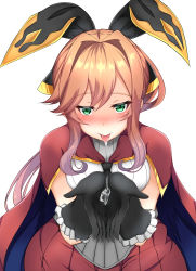 Rule 34 | 1girl, black gloves, black ribbon, blush, breasts, cape, clarisse (granblue fantasy), commentary request, from above, gloves, granblue fantasy, green eyes, hair between eyes, hair ribbon, highres, long hair, medium breasts, myumyutain, open mouth, orange hair, ponytail, red skirt, ribbon, saliva, saliva trail, shirt, short sleeves, skirt, solo, tongue, tongue out, upper body, white shirt