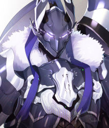 Rule 34 | absurdres, armor, black armor, bushinoko 2307, fate/grand order, fate (series), full armor, fur collar, grey background, helmet, highres, looking at viewer, minamoto no tametomo (fate), minamoto no tametomo (second ascension) (fate), signature, upper body, white eyes