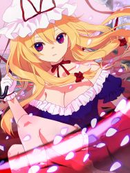 Rule 34 | 1girl, anime coloring, bad id, bad pixiv id, bare shoulders, blonde hair, bow, breasts, cherry blossoms, cleavage, collarbone, commentary request, danmaku, dress, gloves, hair bow, hari no ha, hat, hat ribbon, holding, holding umbrella, large breasts, legs up, long hair, mob cap, petals, puffy short sleeves, puffy sleeves, purple eyes, ribbon, ribbon trim, short sleeves, solo, strapless, strapless dress, thighs, touhou, umbrella, very long hair, white gloves, wind, yakumo yukari