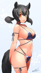 Rule 34 | 1girl, animal ears, aye-aye (kemono friends), bare shoulders, bikini, black hair, blue bikini, blue choker, breasts, choker, commentary, cowboy shot, hair between eyes, happa (cloverppd), highres, kemono friends, large breasts, lemur ears, lemur tail, looking at viewer, low twintails, multicolored hair, navel, orange eyes, parted lips, signature, simple background, solo, stomach, sweat, swimsuit, tail, twintails, white background