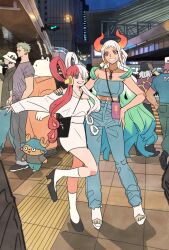 Rule 34 | 2girls, 6+boys, alternate costume, bag, bepo, blue tube top, casual, denim, fullbody (one piece), gradient hair, green hair, grin, hair rings, hand on another&#039;s shoulder, highres, horns, jango (one piece), jeans, long hair, looking at viewer, multicolored hair, multiple boys, multiple girls, off-shoulder shirt, off shoulder, one piece, oni horns, outdoors, pants, red hair, roronoa zoro, shirt, shoulder bag, skirt, smile, split-color hair, standing, strapless, tactile paving, takeuchi ryousuke, tony tony chopper, trafalgar law, tube top, uta (one piece), v, very long hair, walking, white hair, white shirt, white skirt, yamato (one piece)